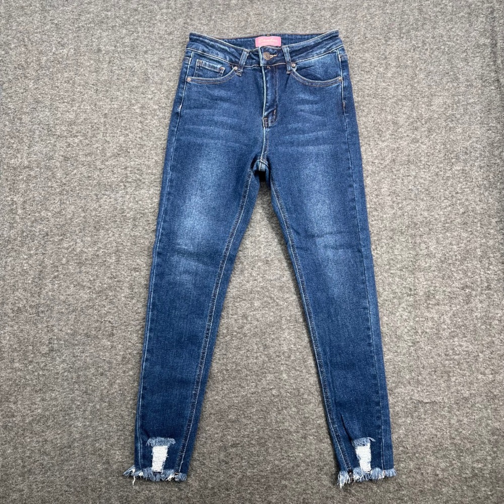 Bamboo Women Dark Wash‎ High Rise Skinny Jeans Distressed Frayed Hem Size 7